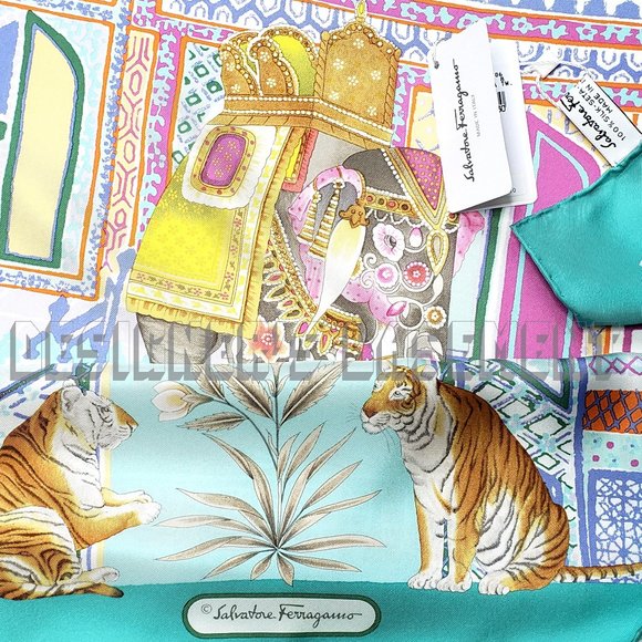 SALVATORE FERRAGAMO aqua Jungle Tower GEMMA ELEPHANT silk scarf NWT + envelope🎁 - Picture 3 of 4